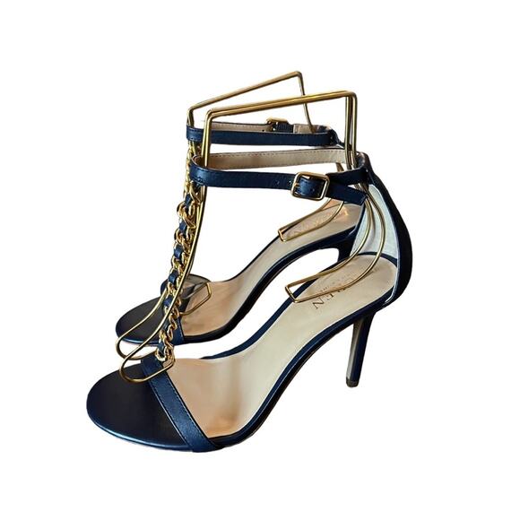 Lauren Ralph Lauren Kate T-Strap Chain Leather Dress Sandals Navy  NEW Size 6 - Picture 1 of 8